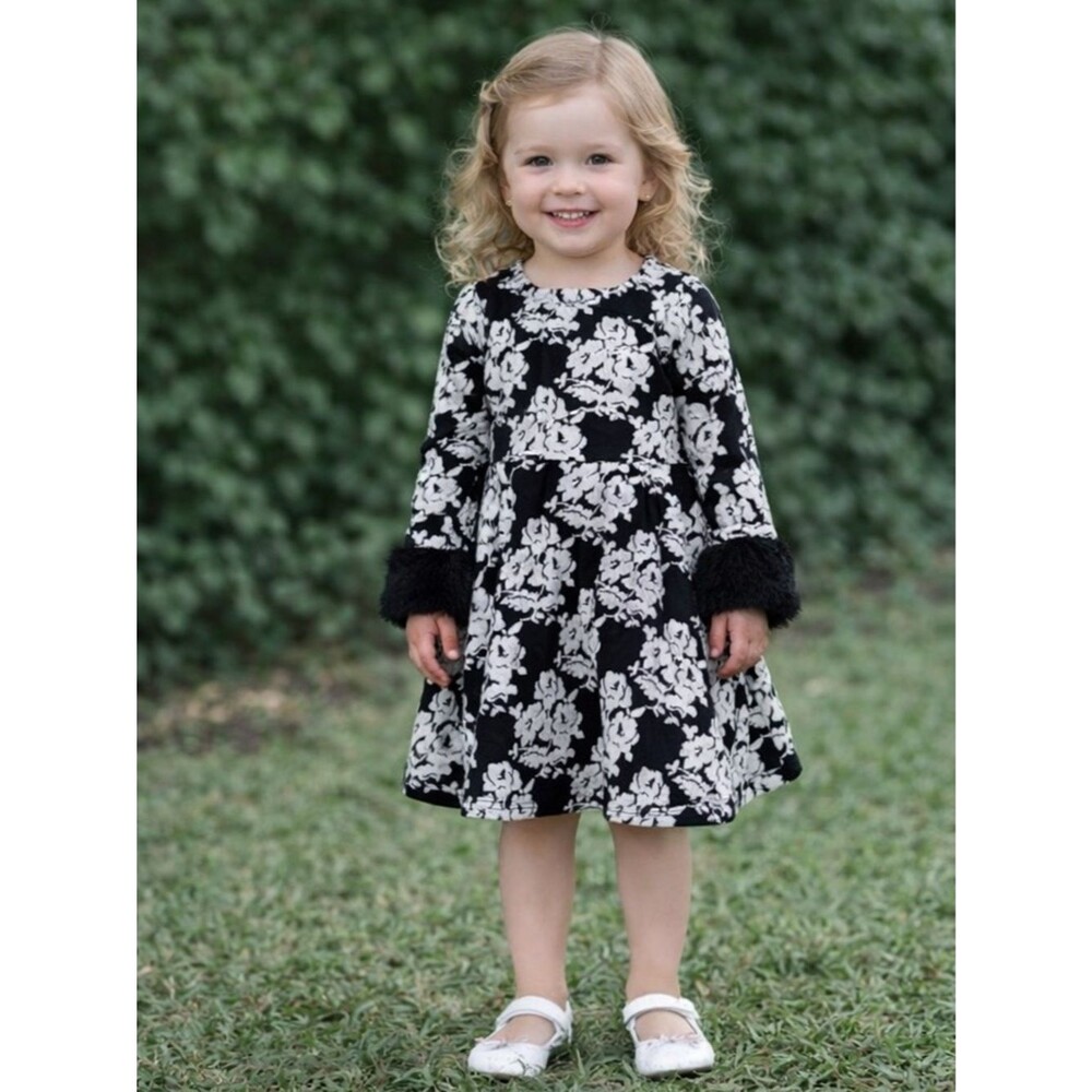 Janie and Jack Black Floral Dress Size 3 | Faux Fur Cuff Holiday Dress EUC